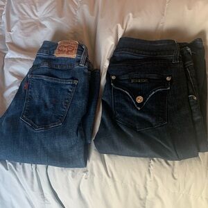 Two designer jeans Hudson waist 25 low rise long Levi’s skinny size 27 waist